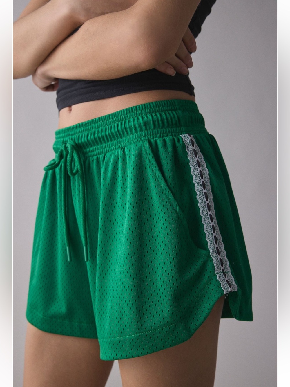 BDG Green Athletic Mesh Shorts with White Lace Trim